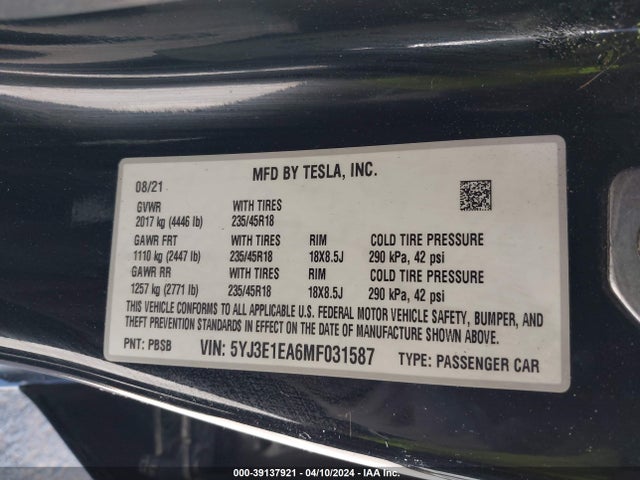 5YJ3E1EA6MF031587 Tesla Model 3 Standard Range Plus Rear-wheel Drive