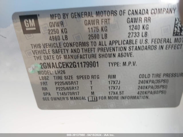 Chevrolet EQUINOX LT 2016 2GNALCEK2G1179901 Image 9