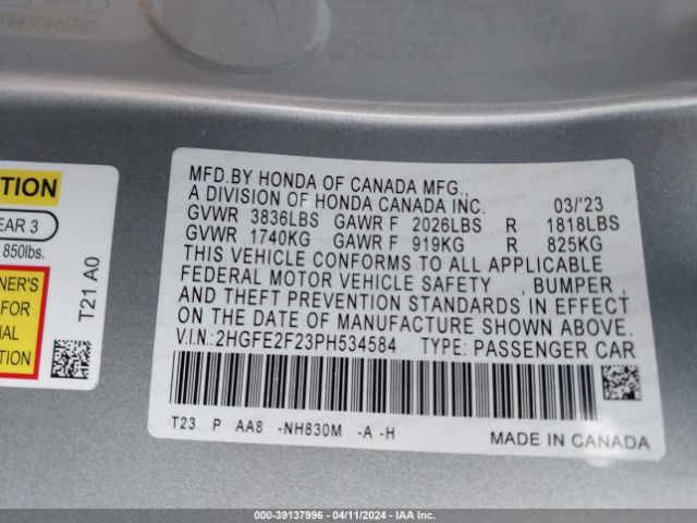 2HGFE2F23PH534584 Honda Civic Lx