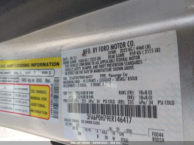 Ford FUSION SE 2014 3FA6P0H79ER146417 Image 9