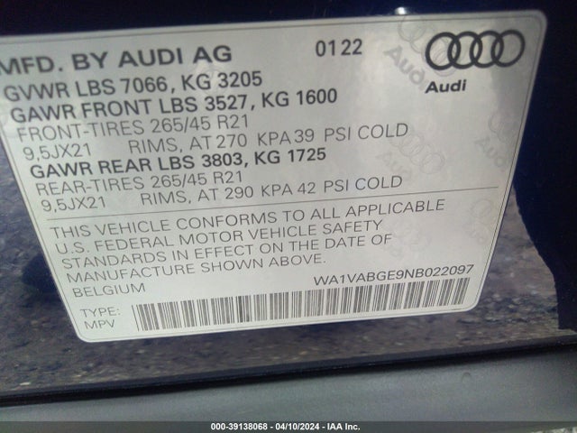 WA1VABGE9NB022097 Audi E-tron Chronos Quattro