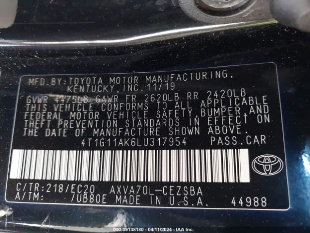 4T1G11AK6LU317954 Toyota Camry Se Nightshade Edition