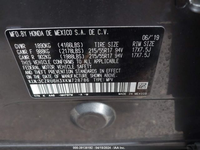 3CZRU6H3XKM728786 Honda HR-V LX