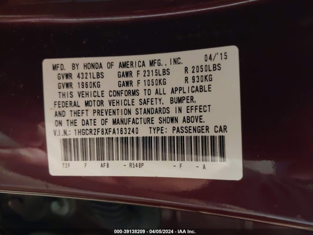 Honda Accord Ex-l 2015 1HGCR2F8XFA163240 Image 9