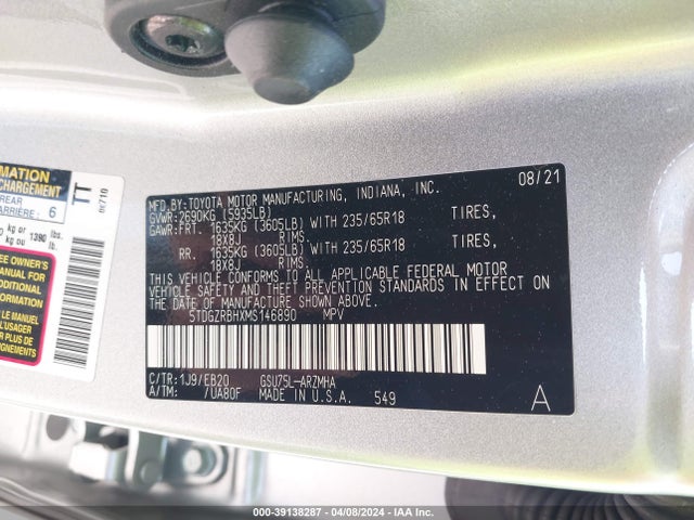 Toyota Highlander Xle 2021 5TDGZRBHXMS146890 Image 9