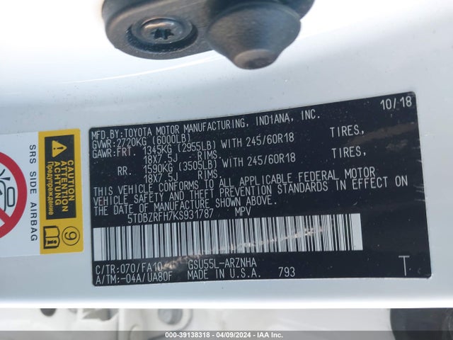Toyota Highlander Le Plus 2019 5TDBZRFH7KS931787 Image 9