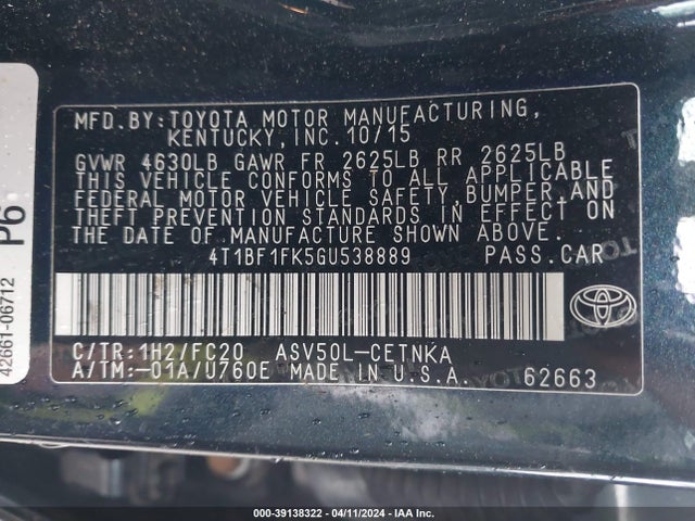 Toyota CAMRY LE 2016 4T1BF1FK5GU538889 Image 9