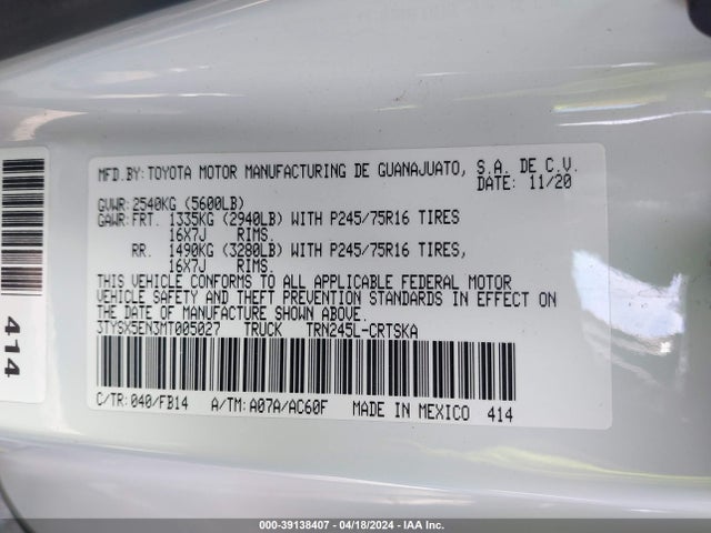 Toyota Tacoma Sr 2021 3TYSX5EN3MT005027 Image 9