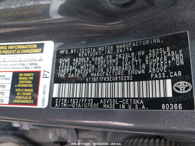 Toyota CAMRY SE 2014 4T1BF1FK9EU810292 Image 9