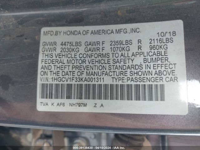 1HGCV1F33KA001311 Honda Accord Sport