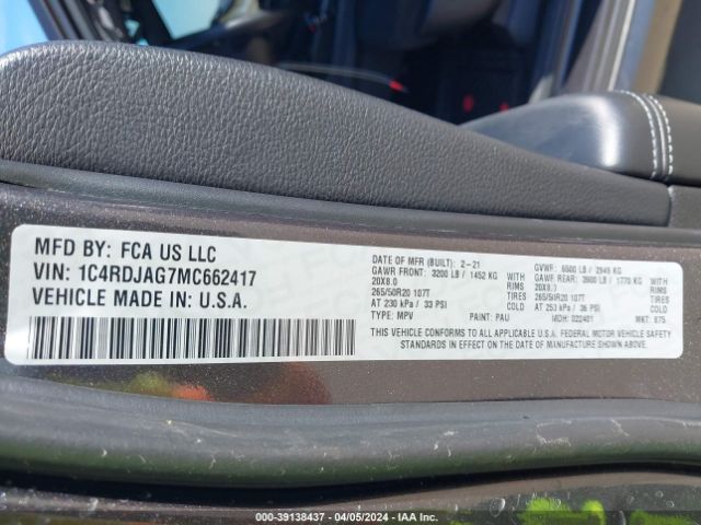 1C4RDJAG7MC662417 Dodge Durango Sxt Plus Awd