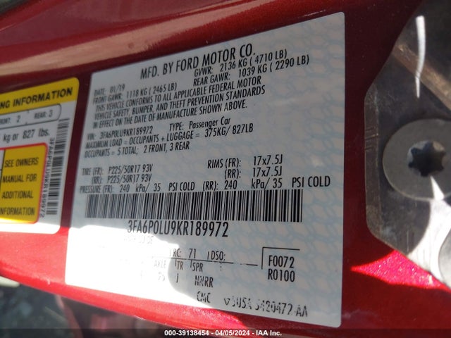 Ford Fusion Hybrid Se 2019 3FA6P0LU9KR189972 Image 9