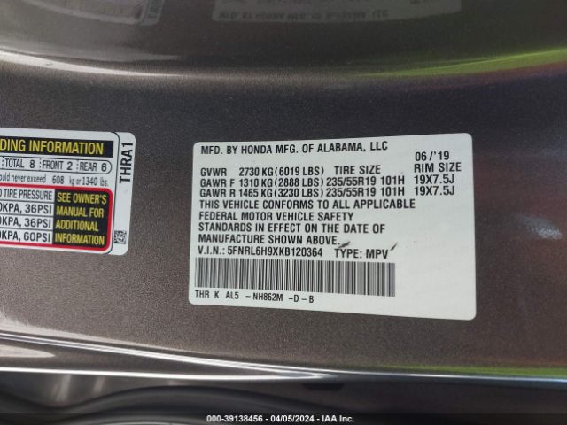 5FNRL6H9XKB120364 Honda Odyssey Elite