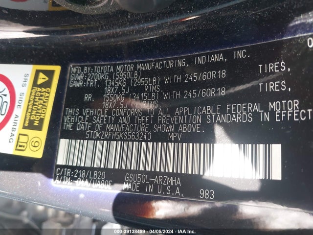 Toyota Highlander Xle 2019 5TDKZRFH5KS563240 Image 9