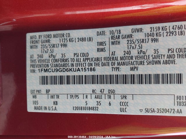 Ford ESCAPE SE 2019 1FMCU9GD6KUA15186 Image 9