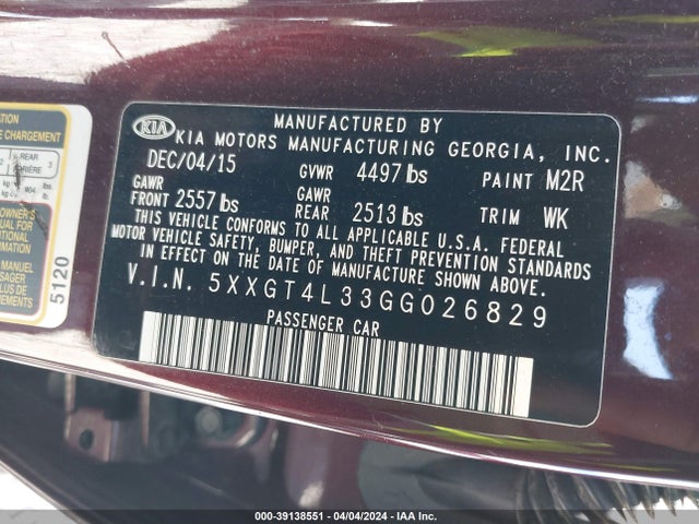 KIA Optima Lx 2016 5XXGT4L33GG026829 Image 9