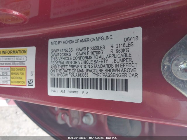 Honda Accord Touring 2018 1HGCV1F95JA183063 Image 9