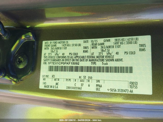1FTEX1CP0FKF15092 Ford F-150 Xlt