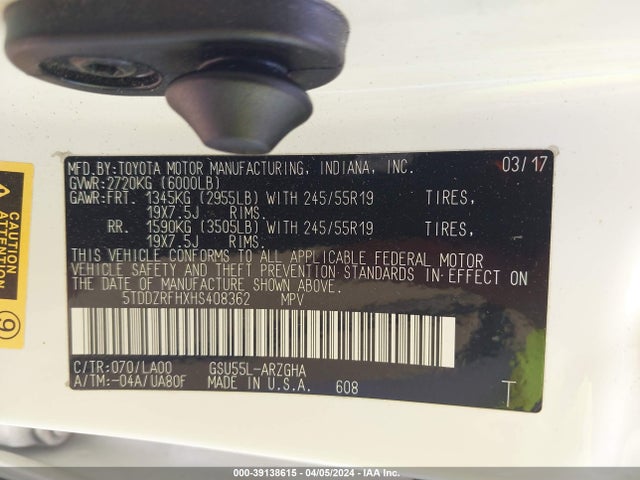 Toyota Highlander Limited Platinum 2017 5TDDZRFHXHS408362 Image 9