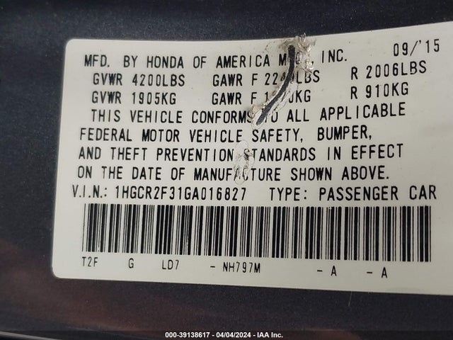Honda ACCORD LX 2016 1HGCR2F31GA016827 Image 9