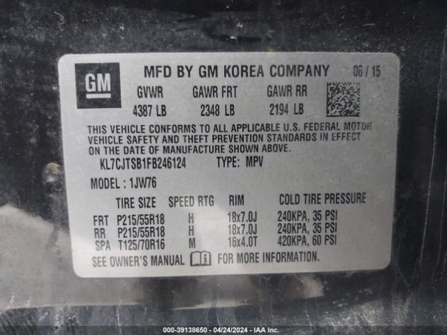 KL7CJTSB1FB246124 Chevrolet TRAX LTZ