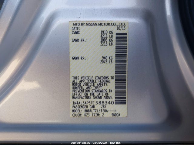 Nissan Altima 2.5 Sl 2015 1N4AL3AP5FC588340 Image 9