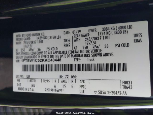 1FTEW1C52KKC40448 Ford F-150 Xlt