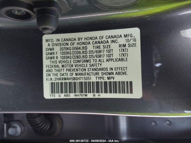 Honda CR-V EX 2016 2HKRM4H58GH715351 Image 9