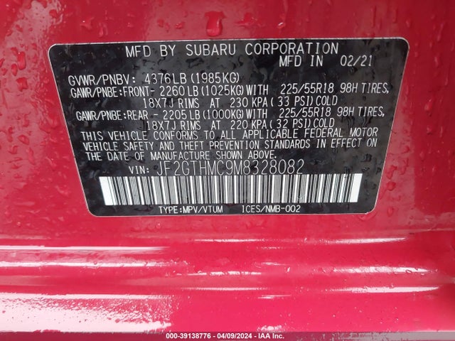 Subaru Crosstrek Limited 2021 JF2GTHMC9M8328082 Image 9