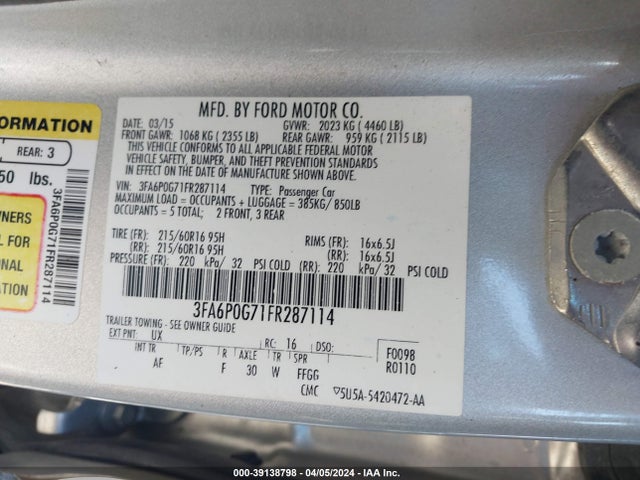 Ford FUSION S 2015 3FA6P0G71FR287114 Image 9