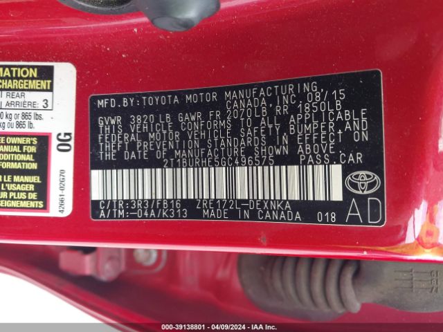 2T1BURHE5GC496575 Toyota Corolla Le Plus