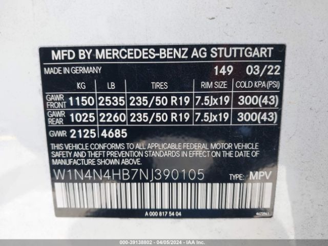 W1N4N4HB7NJ390105 Mercedes-Benz Gla 250 4matic