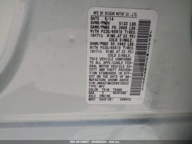 Nissan MURANO S 2014 JN8AZ1MU2EW415620 Image 9