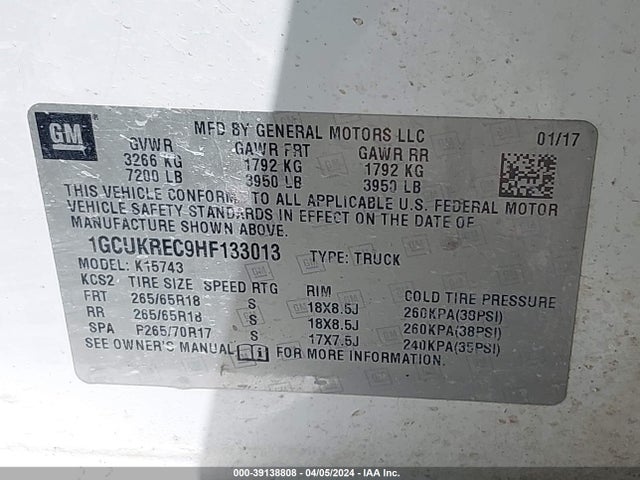 Chevrolet Silverado 1500 1lt 2017 1GCUKREC9HF133013 Image 9