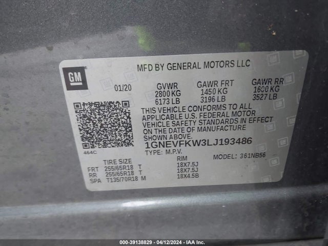 Chevrolet Traverse Awd Ls 2020 1GNEVFKW3LJ193486 Image 9