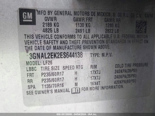 Chevrolet Captiva Sport 2ls 2014 3GNAL2EK2ES644138 Image 9