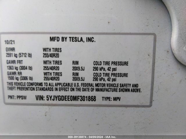 5YJYGDEE0MF301868 Tesla Model Y Long Range Dual Motor All-wheel Drive
