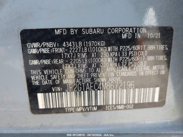 JF2GTAEC4M8672196 Subaru Crosstrek Premium