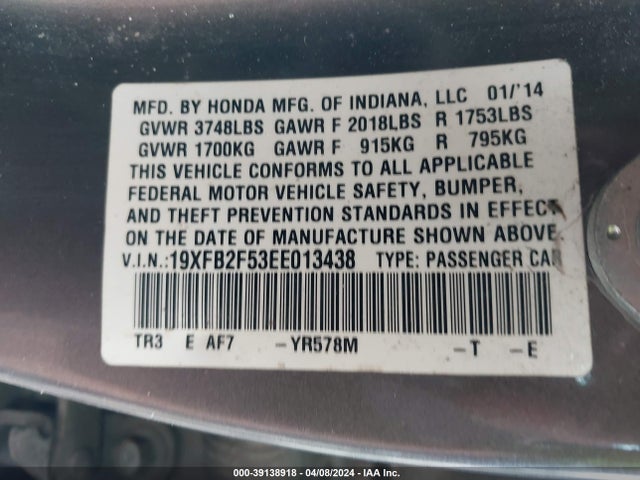 Honda Civic Lx 2014 19XFB2F53EE013438 Image 9