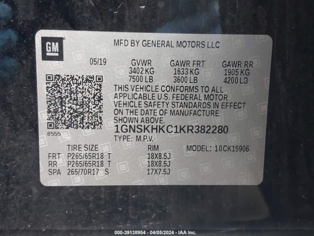1GNSKHKC1KR382280 Chevrolet Suburban Lt