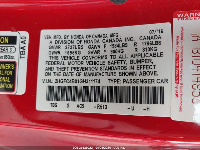 Honda Civic Lx 2016 2HGFC4B01GH311174 Image 9