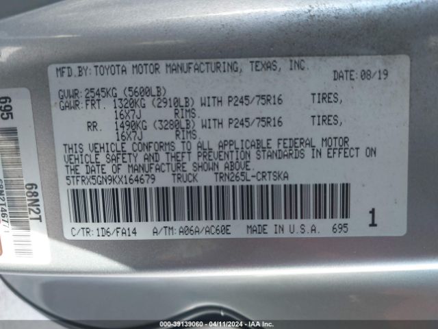 5TFRX5GN9KX164679 Toyota Tacoma Sr