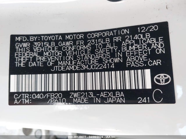 Toyota Corolla Hybrid Le 2021 JTDEAMDE3MJ022414 Image 9