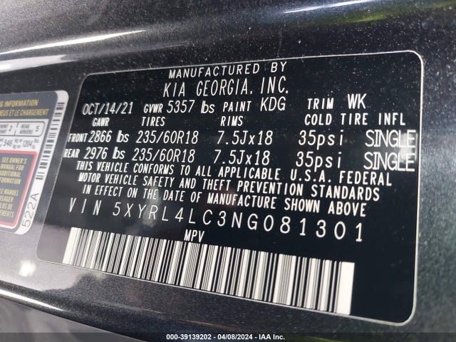 KIA SORENTO S 2022 5XYRL4LC3NG081301 Image 9