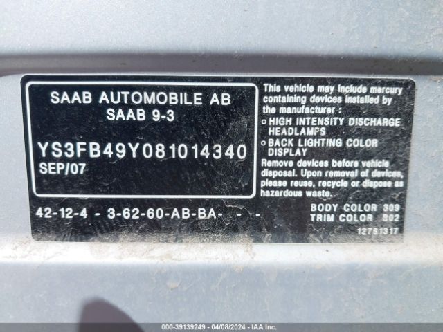 2008 SAAB 9-3 YS3FB49Y081014340 Photo 8