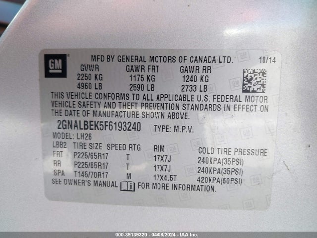 Chevrolet EQUINOX 1LT 2015 2GNALBEK5F6193240 Image 9