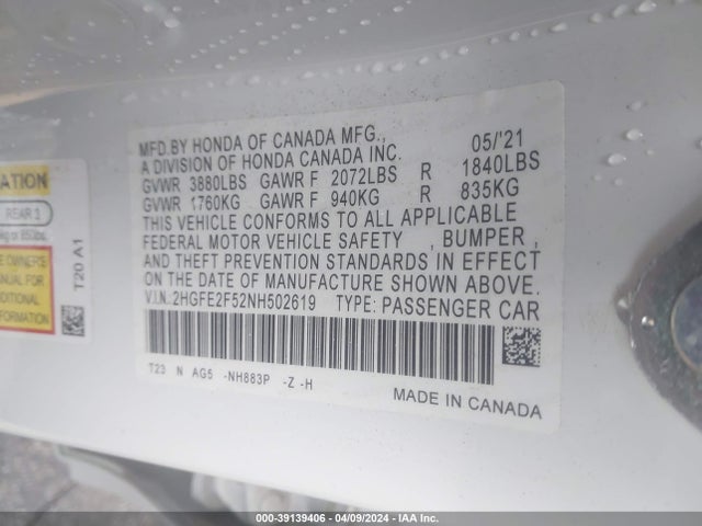 Honda Civic Sport 2022 2HGFE2F52NH502619 Image 9