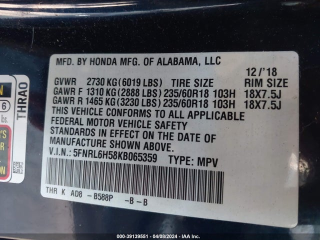 Honda ODYSSEY EX 2019 5FNRL6H58KB065359 Image 9