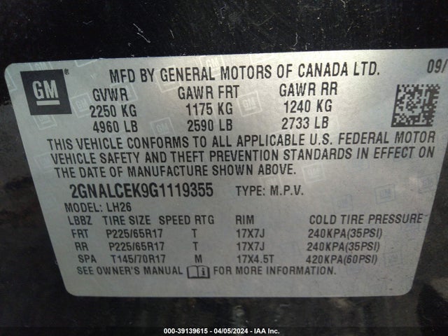 Chevrolet EQUINOX LT 2016 2GNALCEK9G1119355 Image 9