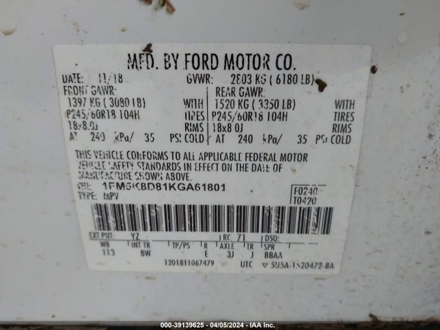 Ford EXPLORER XLT 2019 1FM5K8D81KGA61801 Image 9